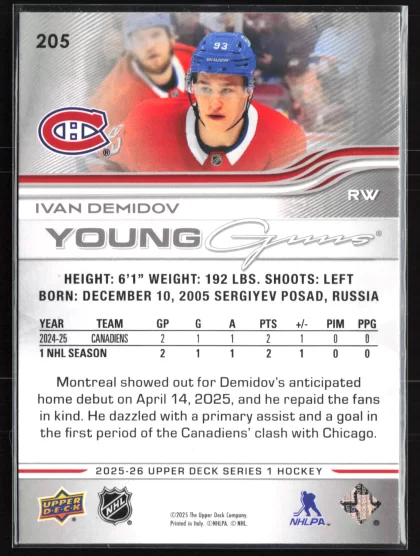 2025 2025-26 Upper Deck Ivan Demidov Hockey card — Back thumbnail