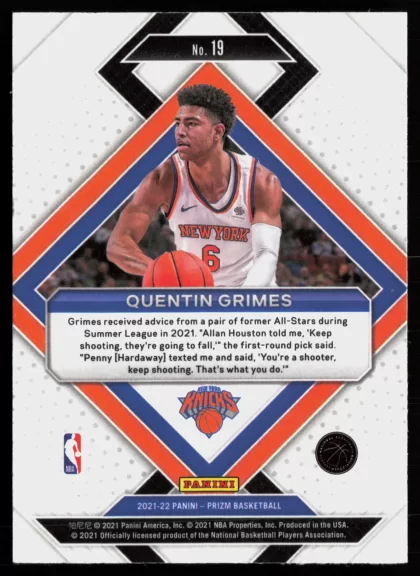 2021 2021-22 Panini Prizm Quentin Grimes Basketball card — Back thumbnail