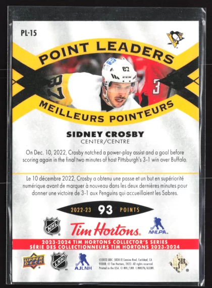 2023 2023-24 Upper Deck Tim Hortons Sidney Crosby Hockey card — Back thumbnail