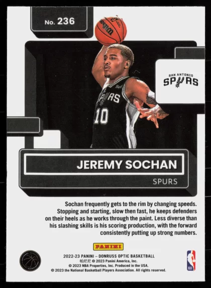 2022 2022-23 Donruss Optic Jeremy Sochan Basketball card — Back thumbnail