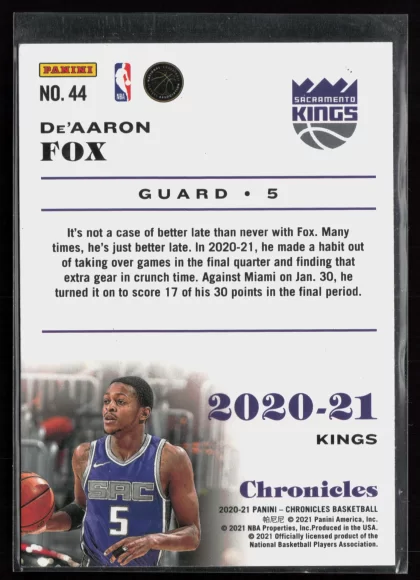2020 2020-21 Panini Chronicles De'Aaron Fox Basketball card — Back thumbnail