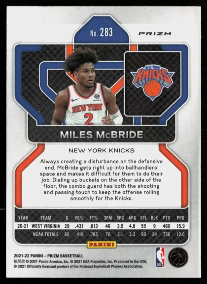 2021 2021-22 Panini Prizm Miles McBride Basketball card — Back thumbnail