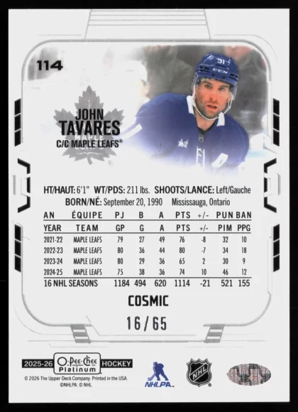 2025 2025-26 O-Pee-Chee Platinum John Tavares Hockey card — Back thumbnail