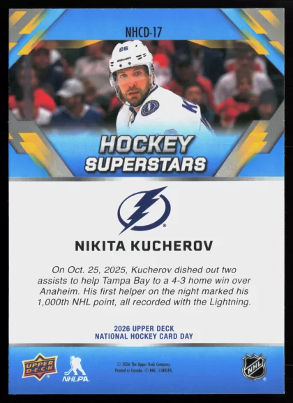 2026 2026 Upper Deck National Hockey Card Day Nikita Kucherov Hockey card — Back thumbnail