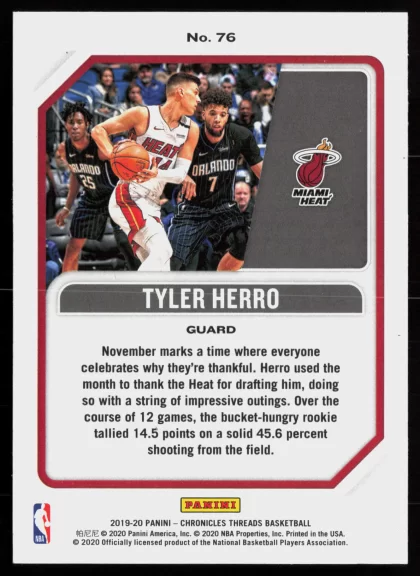 2019 2019-20 Panini Chronicles Tyler Herro Basketball card — Back thumbnail