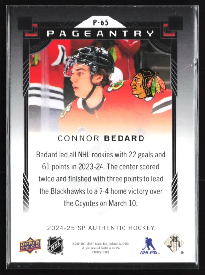 2024 2024-25 SP Authentic Connor Bedard Hockey card — Back thumbnail