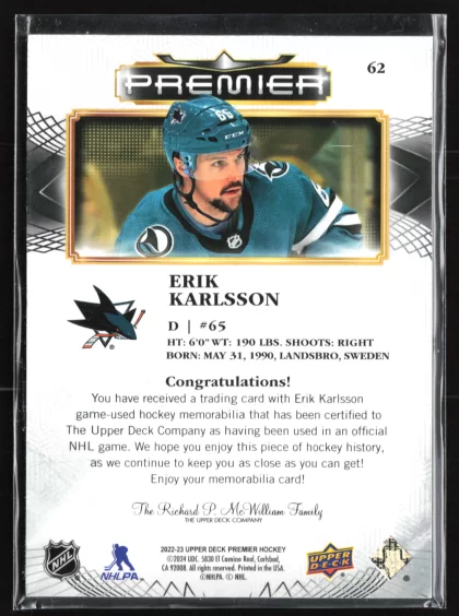 2022 2022-23 Upper Deck Premier Erik Karlsson Hockey card — Back thumbnail