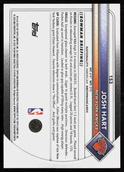 2025 2025-26 Bowman Josh Hart Basketball card — Back thumbnail
