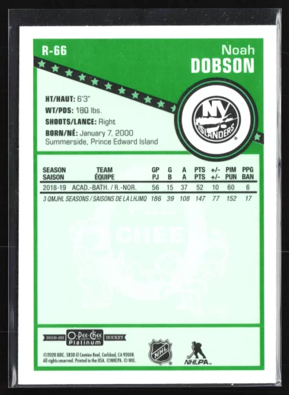 2019 2019-20 O-Pee-Chee Platinum Noah Dobson Hockey card — Back thumbnail