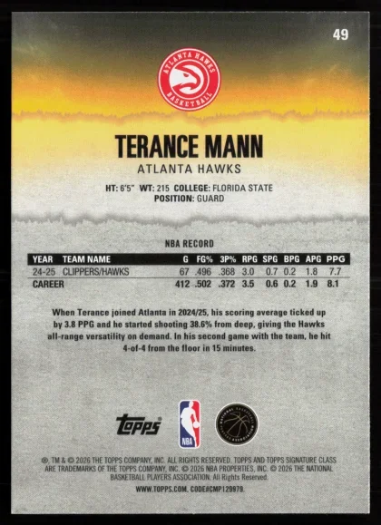 2025 2025-26 Topps Signature Class Terance Mann Basketball card — Back thumbnail