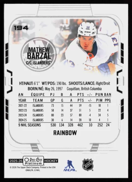 2025 2025-26 O-Pee-Chee Platinum Mathew Barzal Hockey card — Back thumbnail