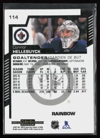 2020 2020-21 O-Pee-Chee Platinum Connor Hellebuyck Hockey card — Back thumbnail