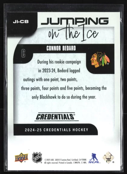 2024 2024-25 Upper Deck Credentials Connor Bedard Hockey card — Back thumbnail
