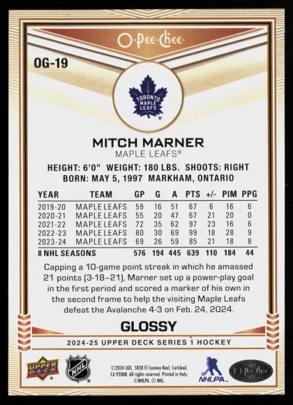 2024 2024-25 Upper Deck Mitch Marner Hockey card — Back thumbnail