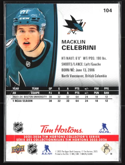 2025 2025-26 Upper Deck Tim Hortons Macklin Celebrini Hockey card — Back thumbnail