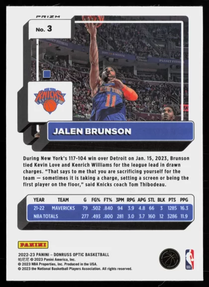 2022 2022-23 Donruss Optic Jalen Brunson Basketball card — Back thumbnail