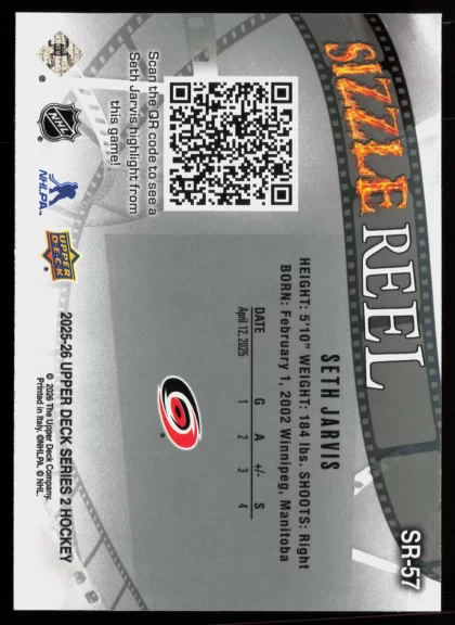 2025 2025-26 Upper Deck Seth Jarvis Hockey card — Back thumbnail