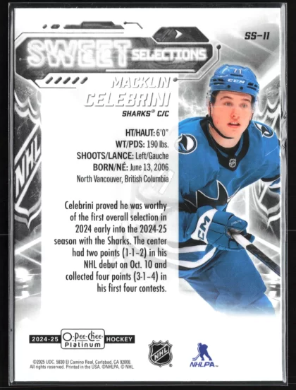 2024 2024-25 O-Pee-Chee Platinum Macklin Celebrini Hockey card — Back thumbnail
