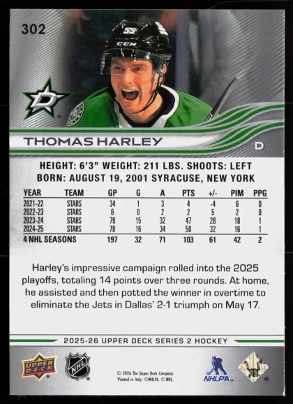 2025 2025-26 Upper Deck Thomas Harley Hockey card — Back thumbnail