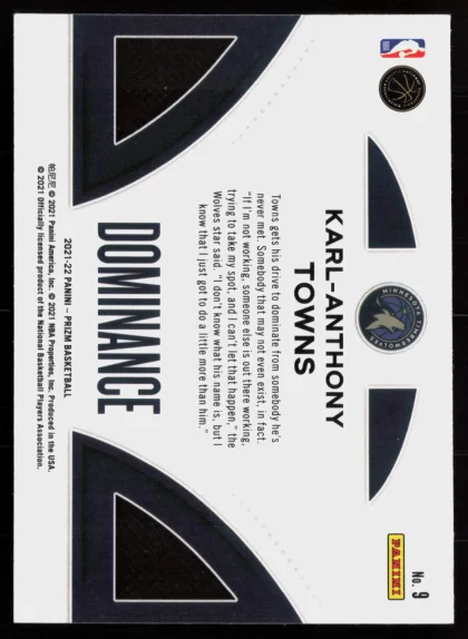 2021 2021-22 Panini Prizm Karl-Anthony Towns Basketball card — Back thumbnail