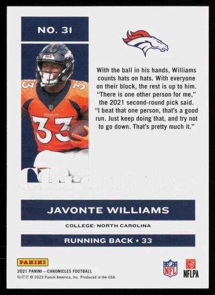 2021 2021 Panini Chronicles Javonte Williams Football card — Back thumbnail