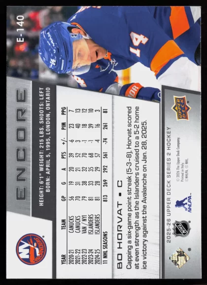 2025 2025-26 Upper Deck Bo Horvat Hockey card — Back thumbnail