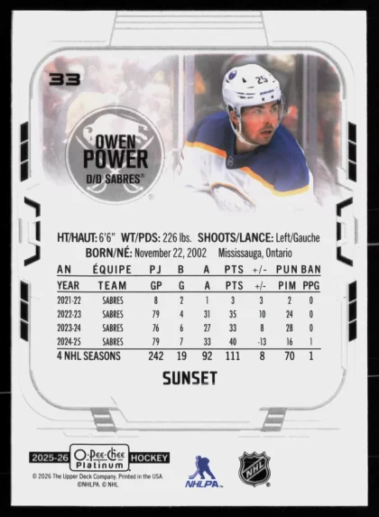 2025 2025-26 O-Pee-Chee Platinum Owen Power Hockey card — Back thumbnail