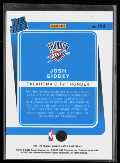 2021 2021-22 Donruss Optic Josh Giddey Basketball card — Back thumbnail