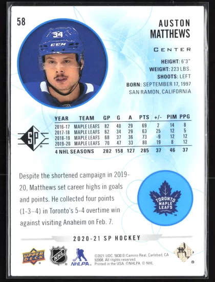 2020 2020-21 SP Auston Matthews Hockey card — Back thumbnail