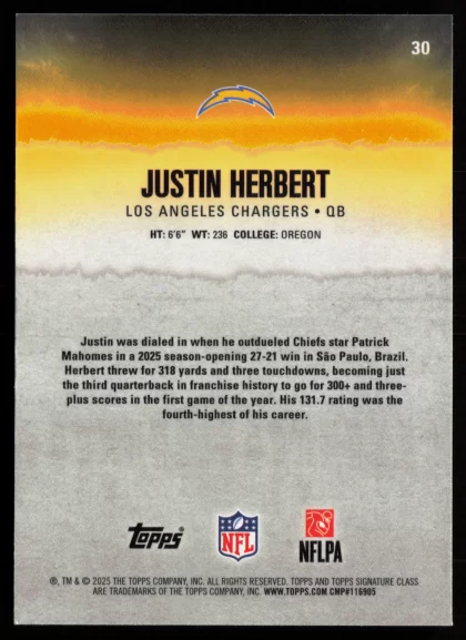 2025 2025 Topps Signature Class Justin Herbert Football card — Back thumbnail