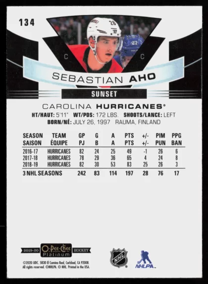 2019 2019-20 O-Pee-Chee Platinum Sebastian Aho Hockey card — Back thumbnail