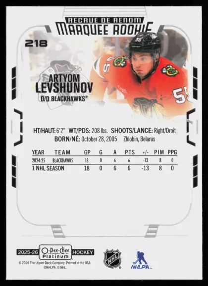 2025 2025-26 O-Pee-Chee Platinum Artyom Levshunov Hockey card — Back thumbnail