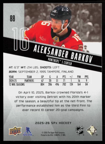 2025 2025-26 SPx Aleksander Barkov Hockey card — Back thumbnail