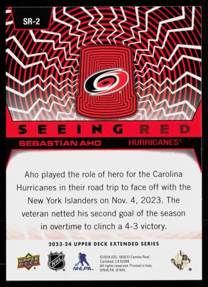 2023 2023-24 Upper Deck Sebastian Aho Hockey card — Back thumbnail