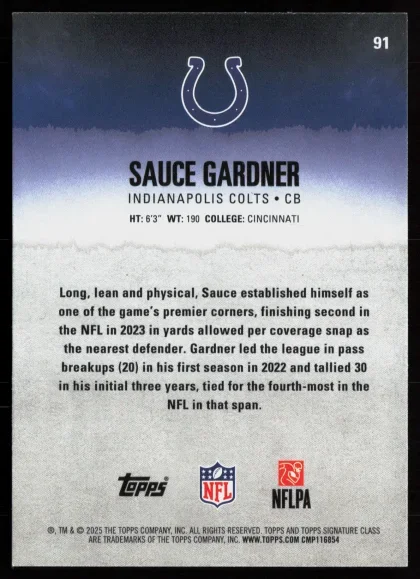 2025 2025 Topps Signature Class Sauce Gardner Football card — Back thumbnail