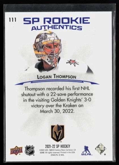 2021 2021-22 SP Logan Thompson Hockey card — Back thumbnail