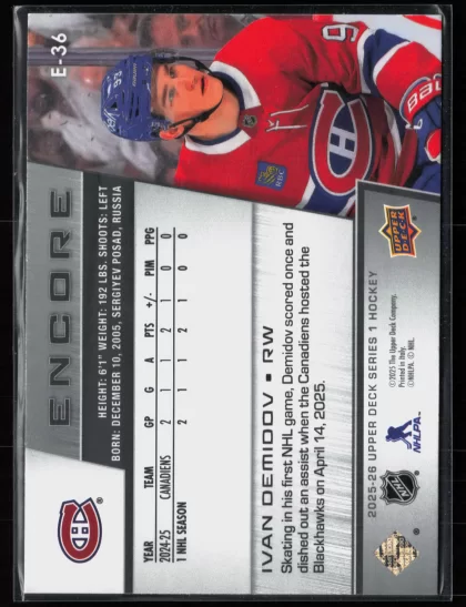 2025 2025-26 Upper Deck Ivan Demidov Hockey card — Back thumbnail