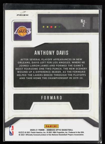 2020 2020-21 Donruss Optic Anthony Davis Basketball card — Back thumbnail