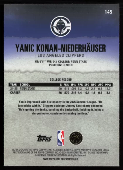 2025 2025-26 Topps Signature Class Yanic Konan-Niederhäuser Basketball card — Back thumbnail