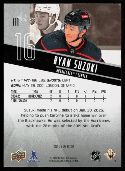 2025 2025-26 SPx Ryan Suzuki Hockey card — Back thumbnail