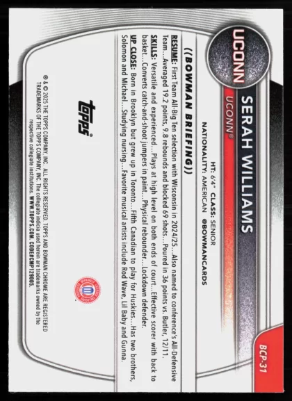 2025 2025-26 Bowman Serah Williams Basketball card — Back thumbnail