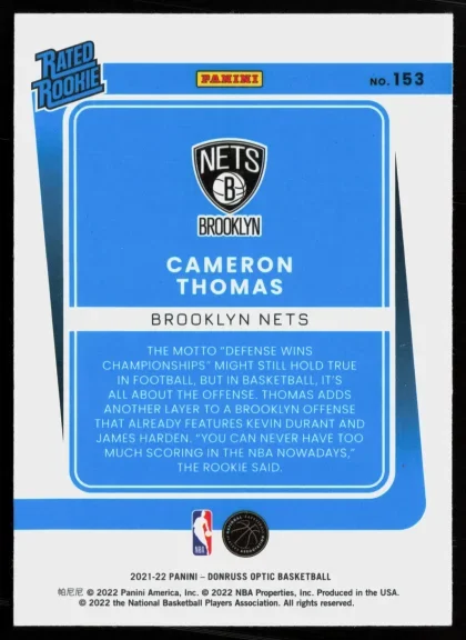 2021 2021-22 Donruss Optic Cameron Thomas Basketball card — Back thumbnail