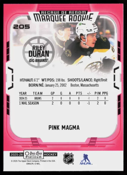 2025 2025-26 O-Pee-Chee Platinum Riley Duran Hockey card — Back thumbnail