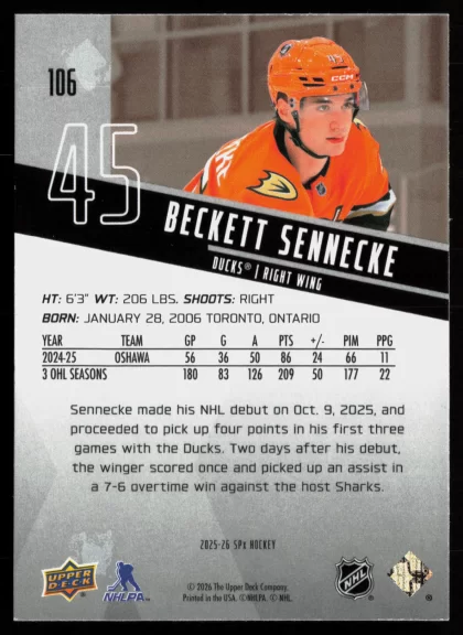 2025 2025-26 SPx Beckett Sennecke Hockey card — Back thumbnail