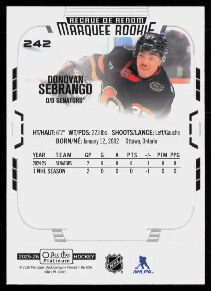 2025 2025-26 O-Pee-Chee Platinum Donovan Sebrango Hockey card — Back thumbnail
