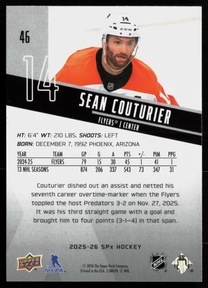 2025 2025-26 SPx Sean Couturier Hockey card — Back thumbnail