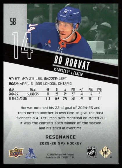 2025 2025-26 SPx Bo Horvat Hockey card — Front