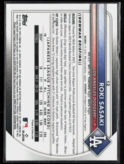 2025 2025 Bowman Roki Sasaki Baseball card — Back thumbnail