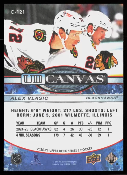 2025 2025-26 Upper Deck Alex Vlasic Hockey card — Back thumbnail