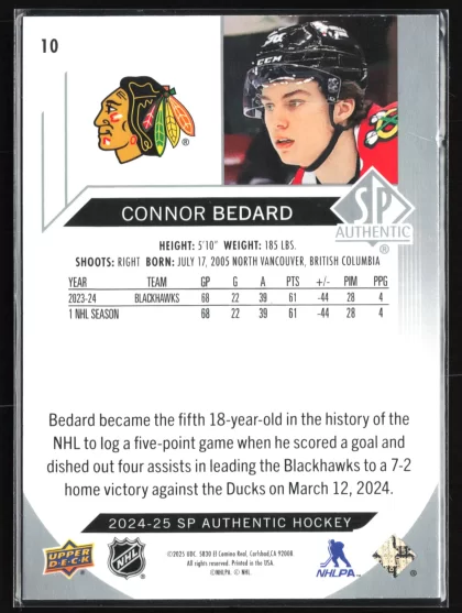 2024 2024-25 SP Authentic Connor Bedard Hockey card — Back thumbnail